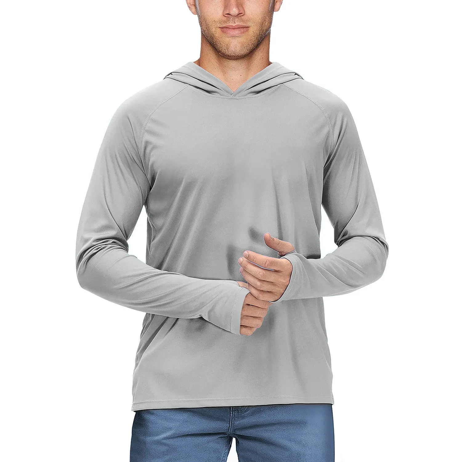 Man wearing a slim-fit hooded sun protection top in Army Green for outdoor fishing or cycling.