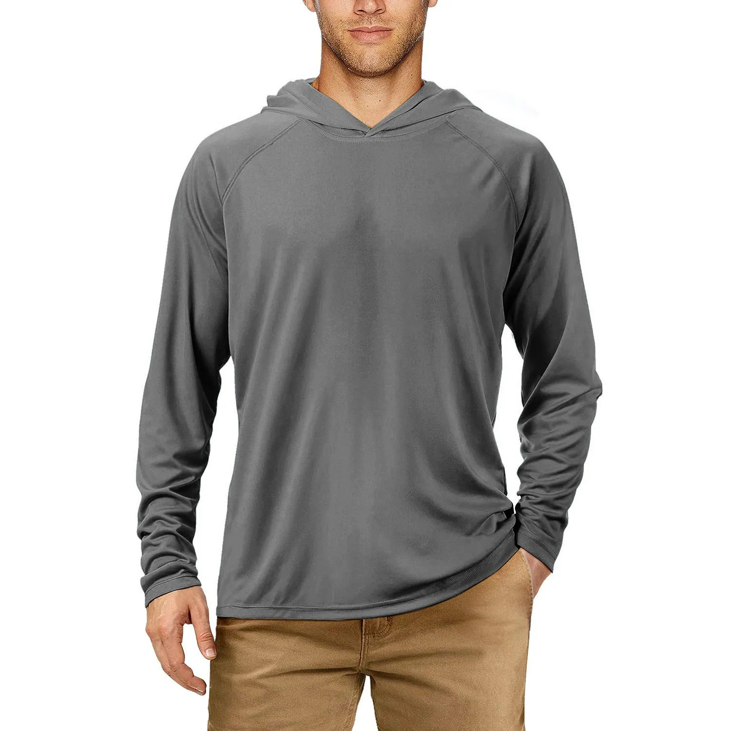 Man wearing a slim-fit hooded sun protection top in Army Green for outdoor fishing or cycling.