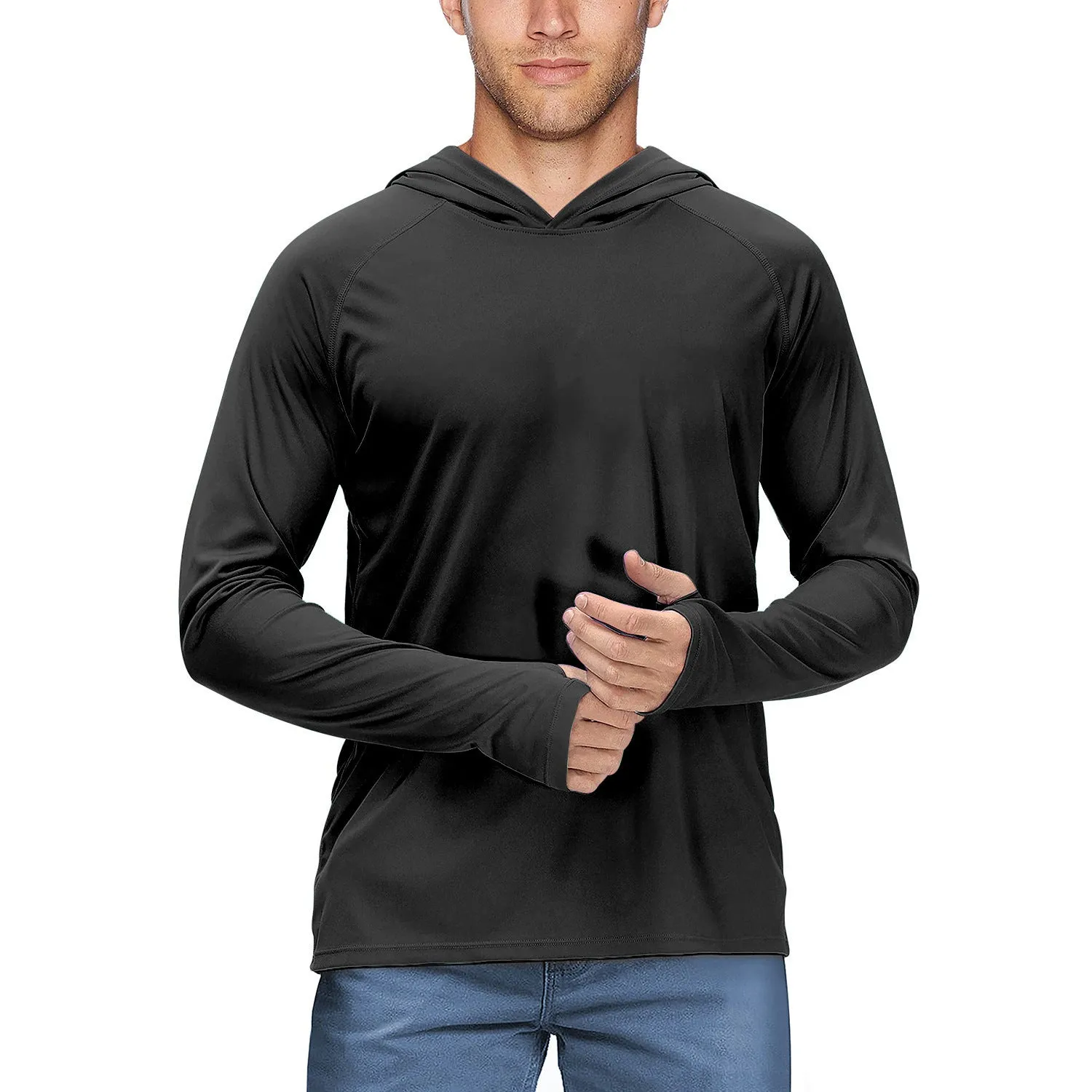 Man wearing a slim-fit hooded sun protection top in Army Green for outdoor fishing or cycling.