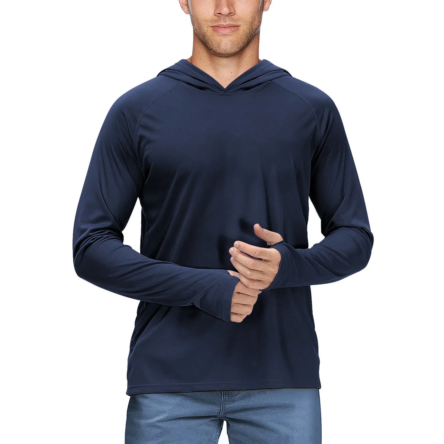 Man wearing a slim-fit hooded sun protection top in Army Green for outdoor fishing or cycling.