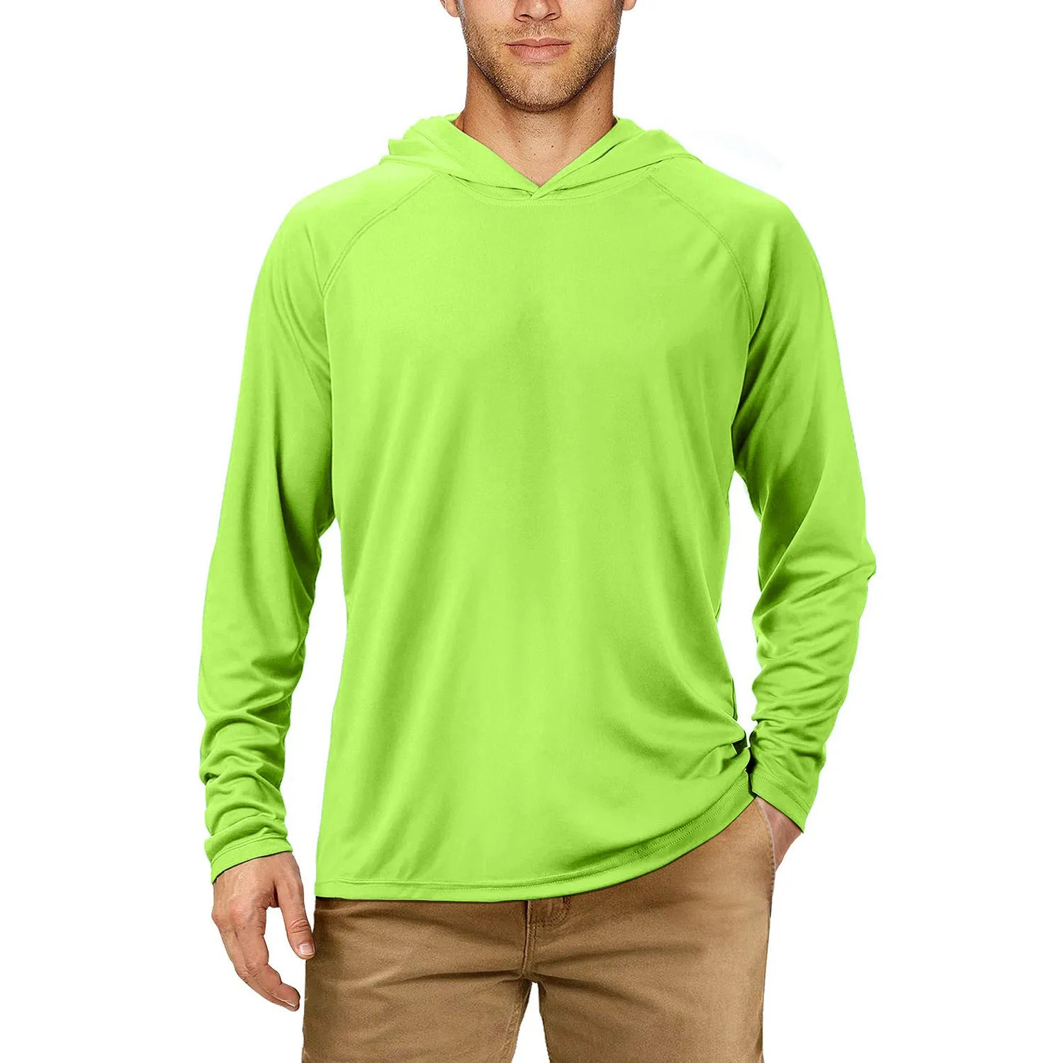 Man wearing a slim-fit hooded sun protection top in Army Green for outdoor fishing or cycling.