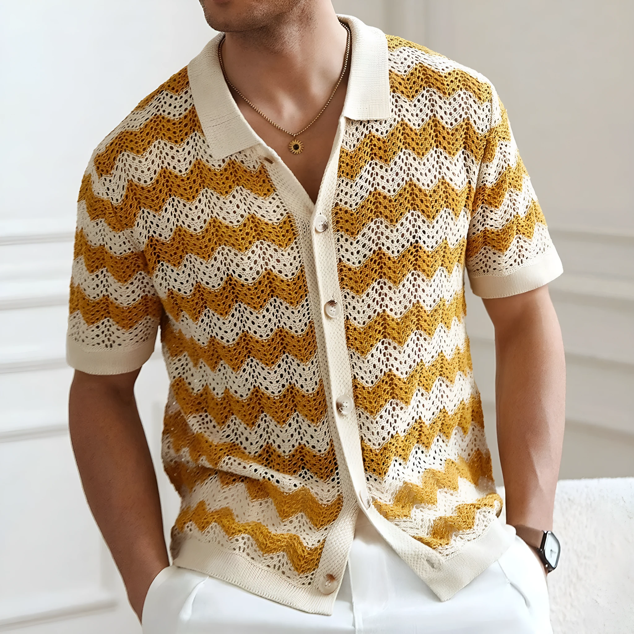 Short sleeve blue jumper with corrugated jacquard texture, made from Tencel viscose for summer.