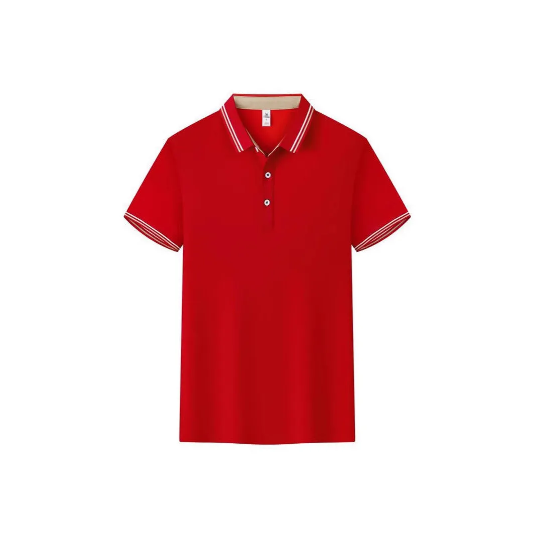 Slim fit cotton blend polo work shirt with collar and short sleeves on a hanger