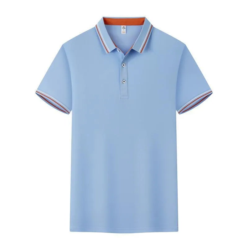 Slim fit cotton blend polo work shirt with collar and short sleeves on a hanger
