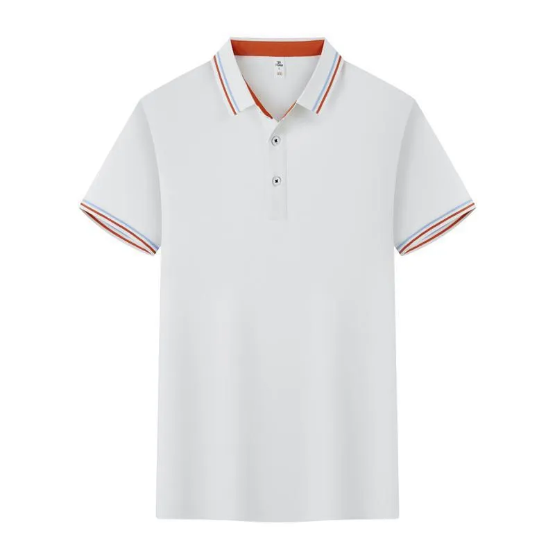 Slim fit cotton blend polo work shirt with collar and short sleeves on a hanger