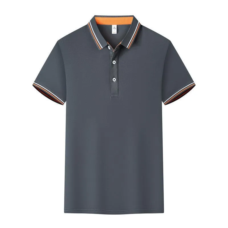 Slim fit cotton blend polo work shirt with collar and short sleeves on a hanger