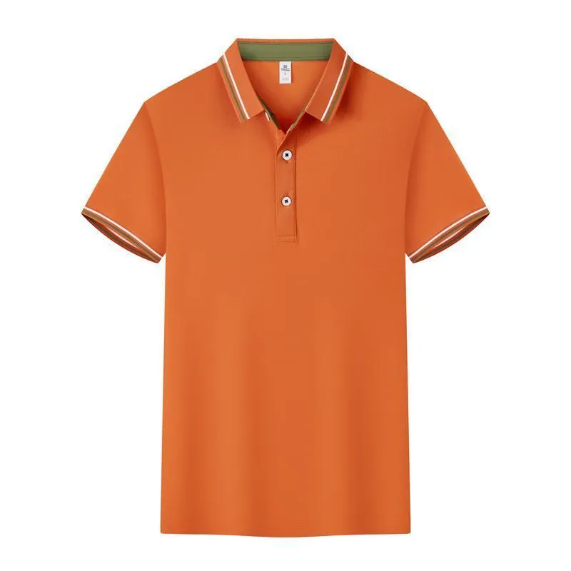 Slim fit cotton blend polo work shirt with collar and short sleeves on a hanger