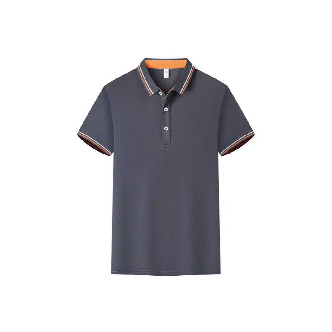 Slim fit cotton blend polo work shirt with collar and short sleeves on a hanger