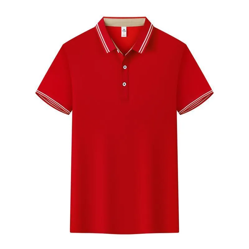 Slim fit cotton blend polo work shirt with collar and short sleeves on a hanger