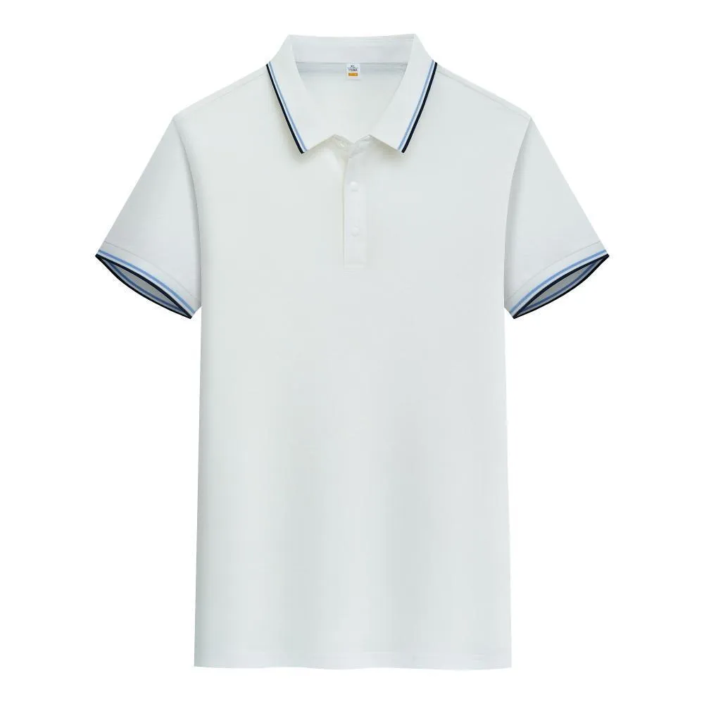A pure cotton polo shirt with a lapel collar and short sleeves, shown in a light blue colour.