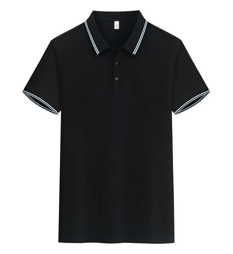 A pure cotton polo shirt with a lapel collar and short sleeves, shown in a light blue colour.