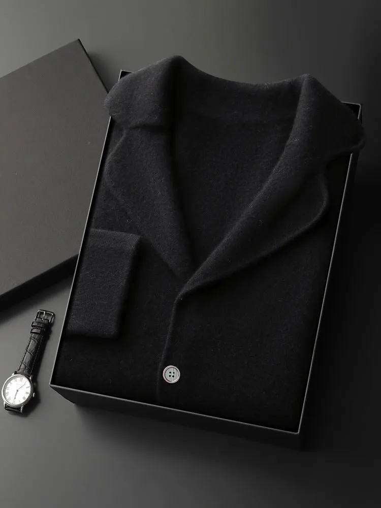Men's loose fit cashmere-blend cardigan jacket in thickened construction showing colour options