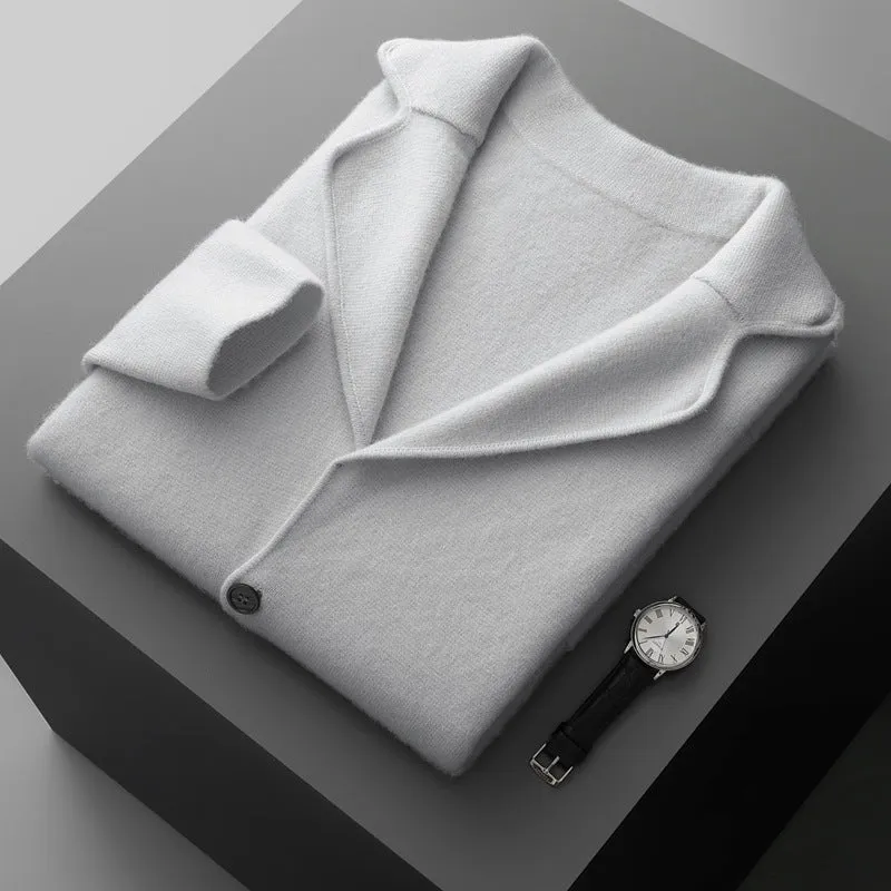 Men's loose fit cashmere-blend cardigan jacket in thickened construction showing colour options
