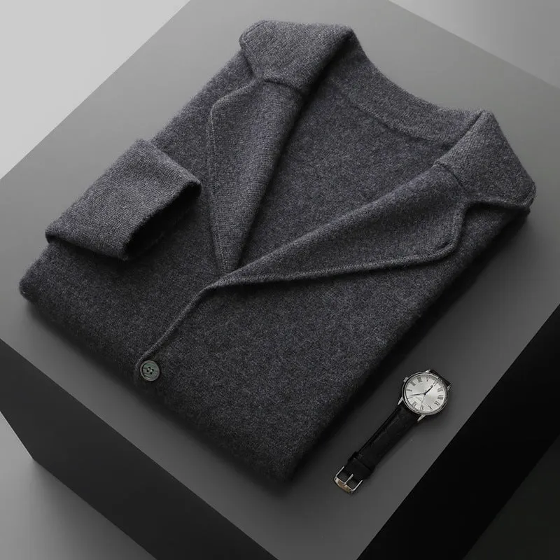 Men's loose fit cashmere-blend cardigan jacket in thickened construction showing colour options