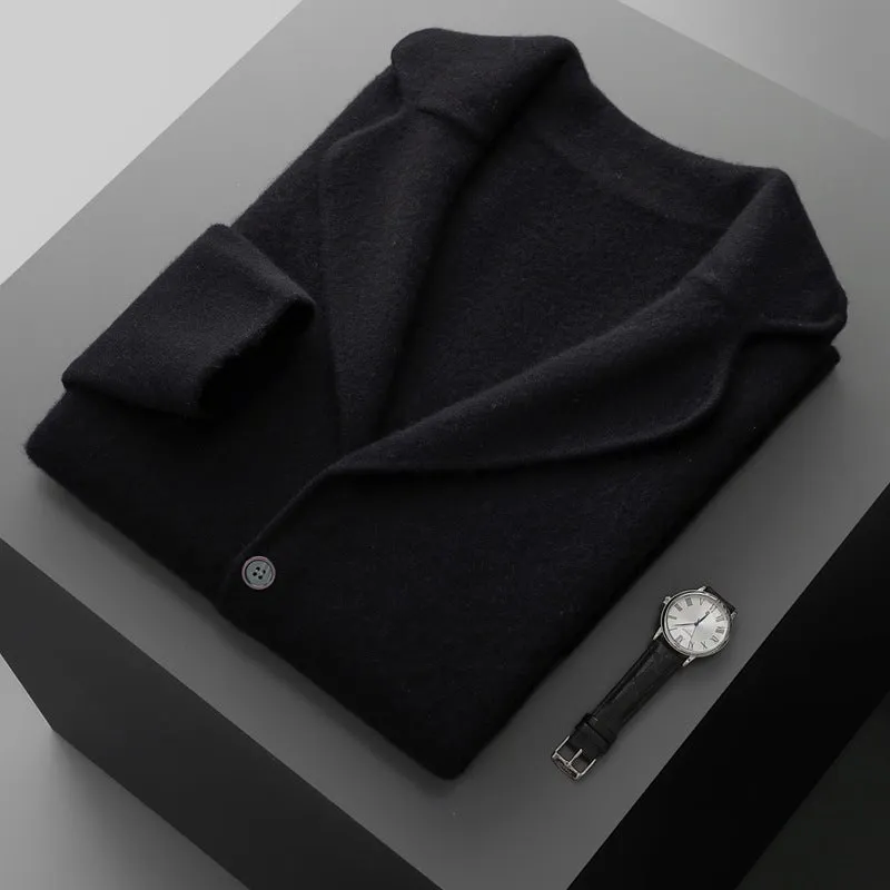 Men's loose fit cashmere-blend cardigan jacket in thickened construction showing colour options