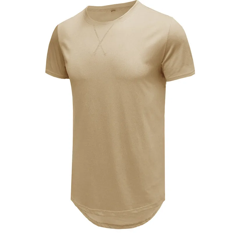 Men's slim fit cotton short-sleeved t-shirt on a hanger, shown in army green colour.