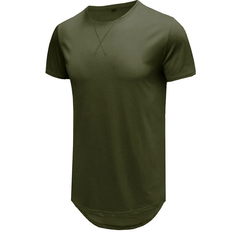 Men's slim fit cotton short-sleeved t-shirt on a hanger, shown in army green colour.
