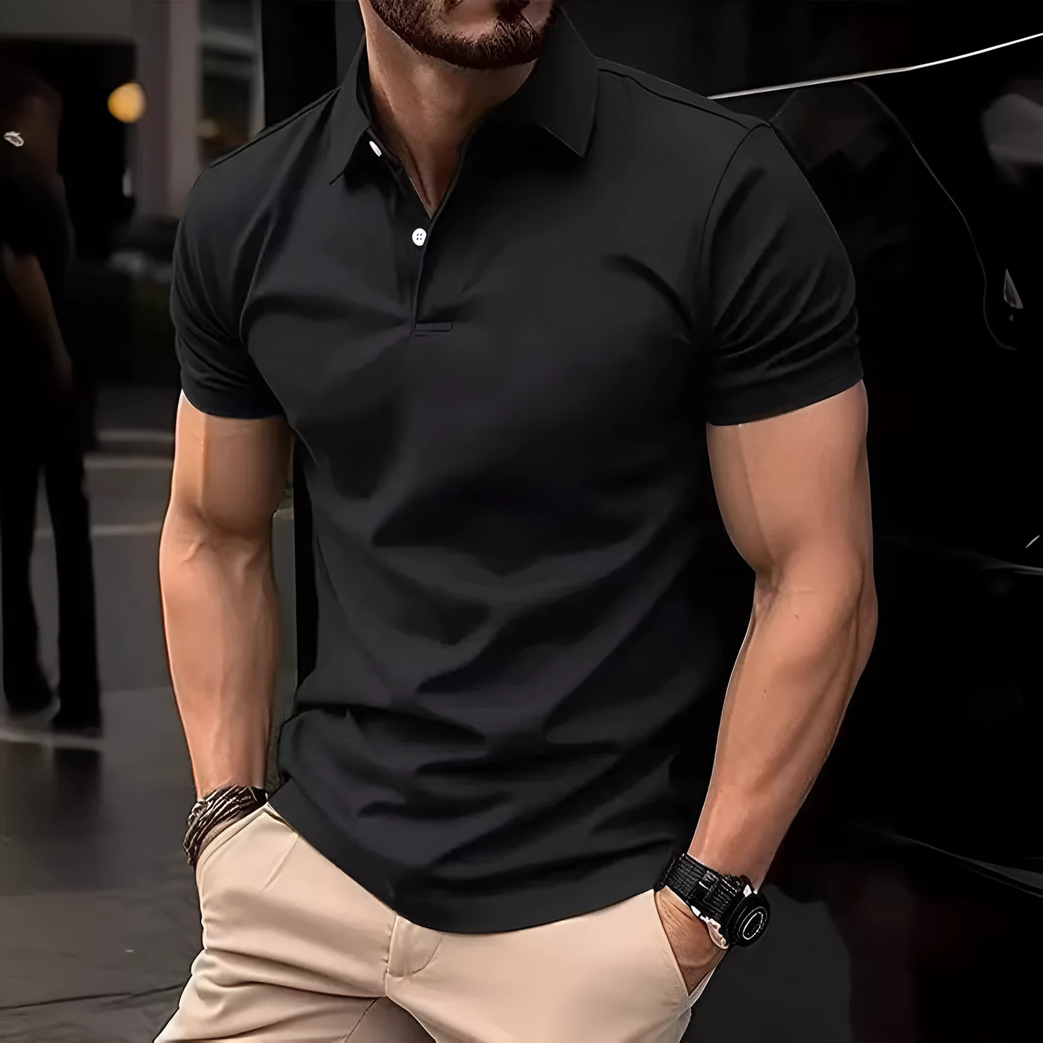Slim fit casual short sleeve button-up shirt in a solid colour on a hanger.
