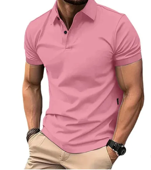 Slim fit casual short sleeve button-up shirt in a solid colour on a hanger.