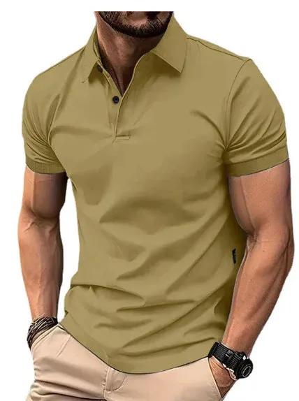 Slim fit casual short sleeve button-up shirt in a solid colour on a hanger.