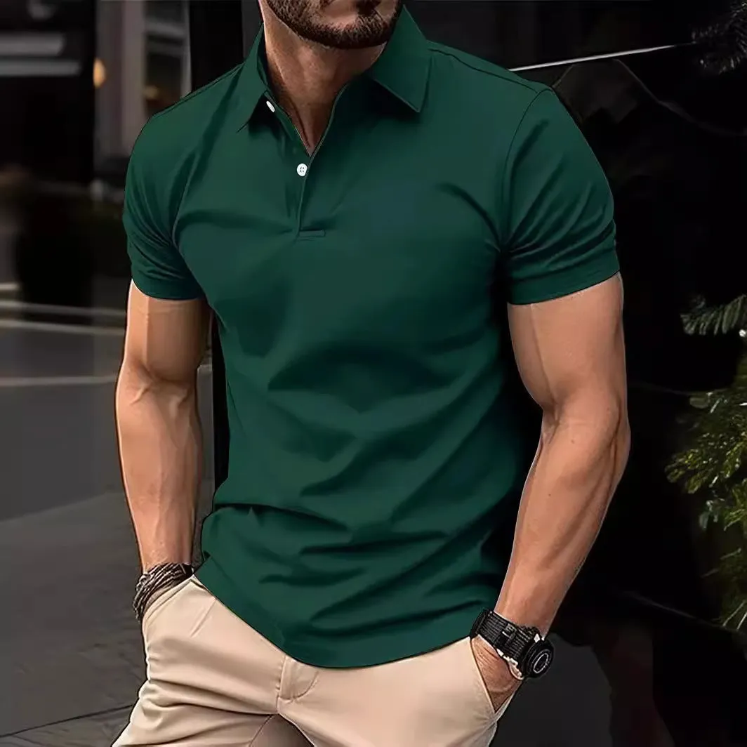 Slim fit casual short sleeve button-up shirt in a solid colour on a hanger.