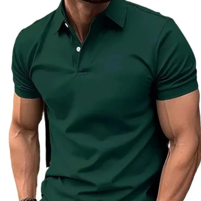 Slim fit casual short sleeve button-up shirt in a solid colour on a hanger.