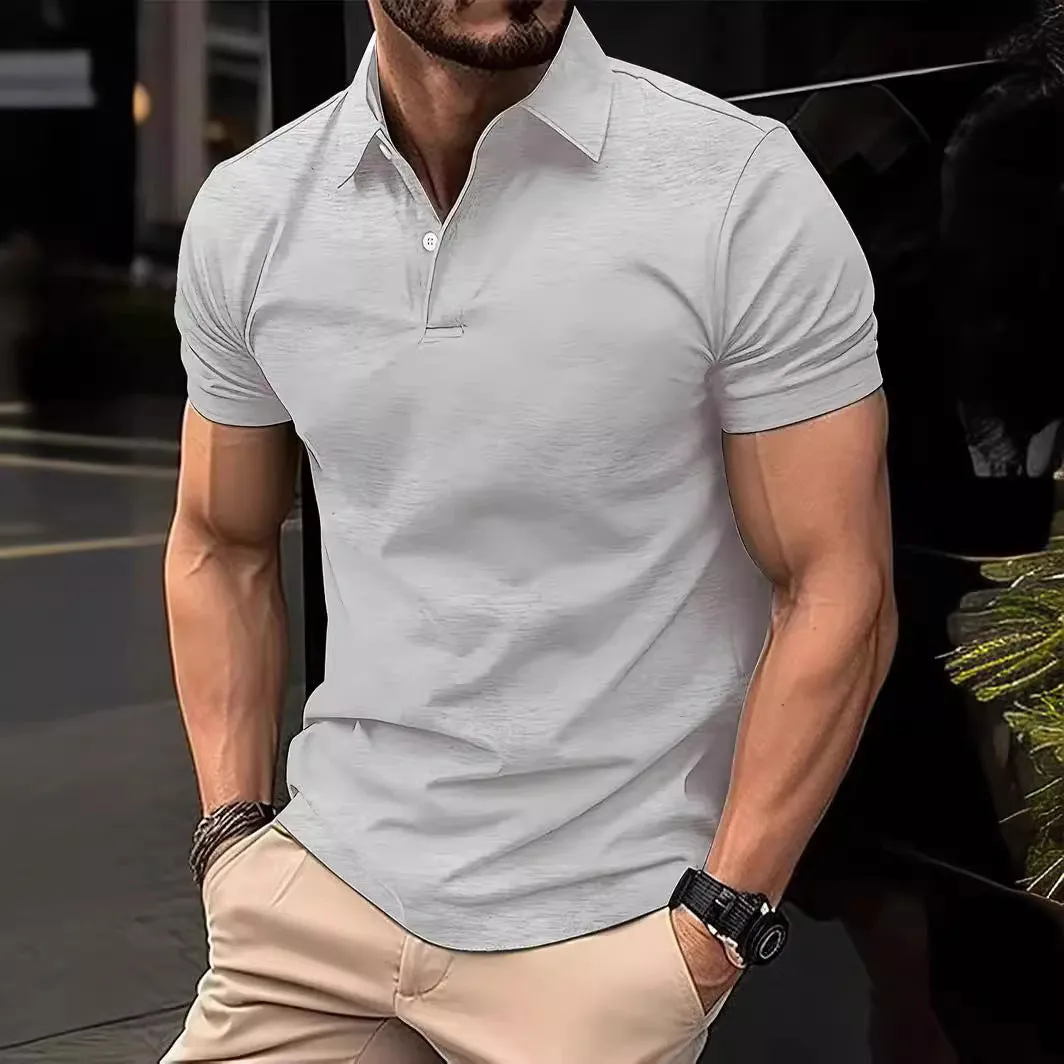 Slim fit casual short sleeve button-up shirt in a solid colour on a hanger.