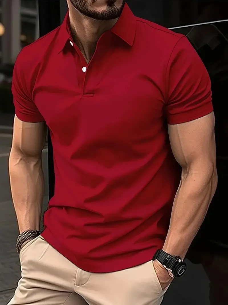 Slim fit casual short sleeve button-up shirt in a solid colour on a hanger.
