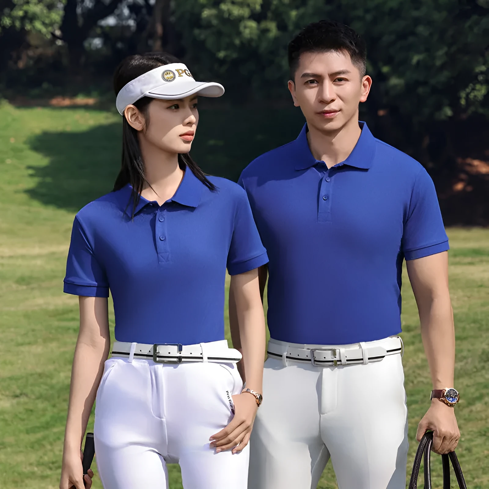 Summer polo shirt in long-staple cotton with side slit design, shown in sapphire blue colour