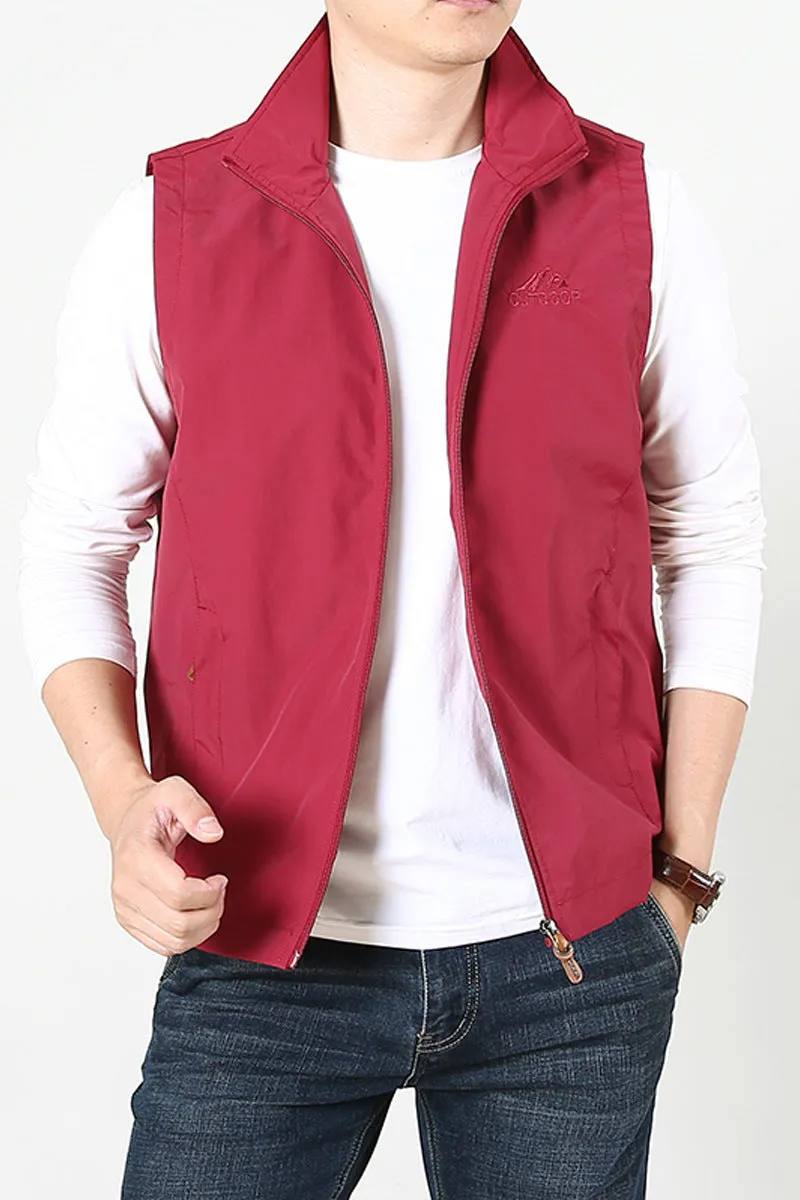 Men's thin solid colour spring waistcoat vest with a side seam pocket.
