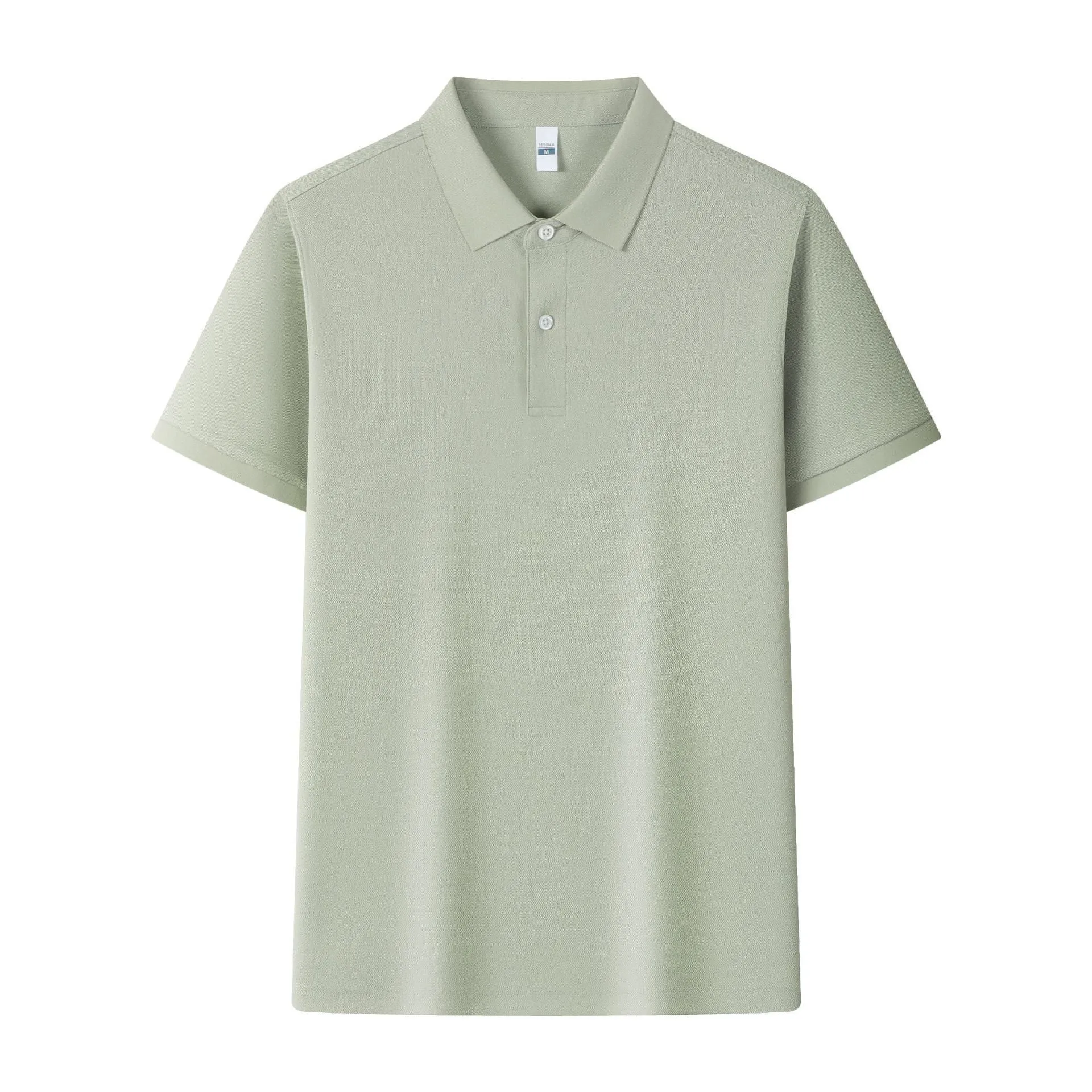 Men's light blue cotton ice silk polo shirt with an asymmetric lapel and short sleeves.