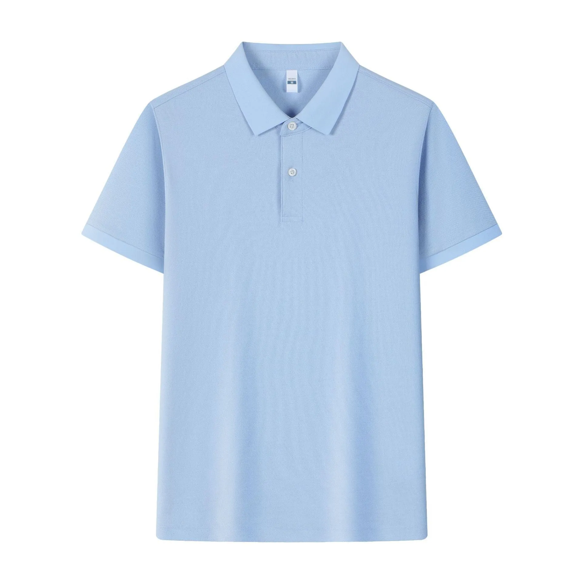 Men's light blue cotton ice silk polo shirt with an asymmetric lapel and short sleeves.