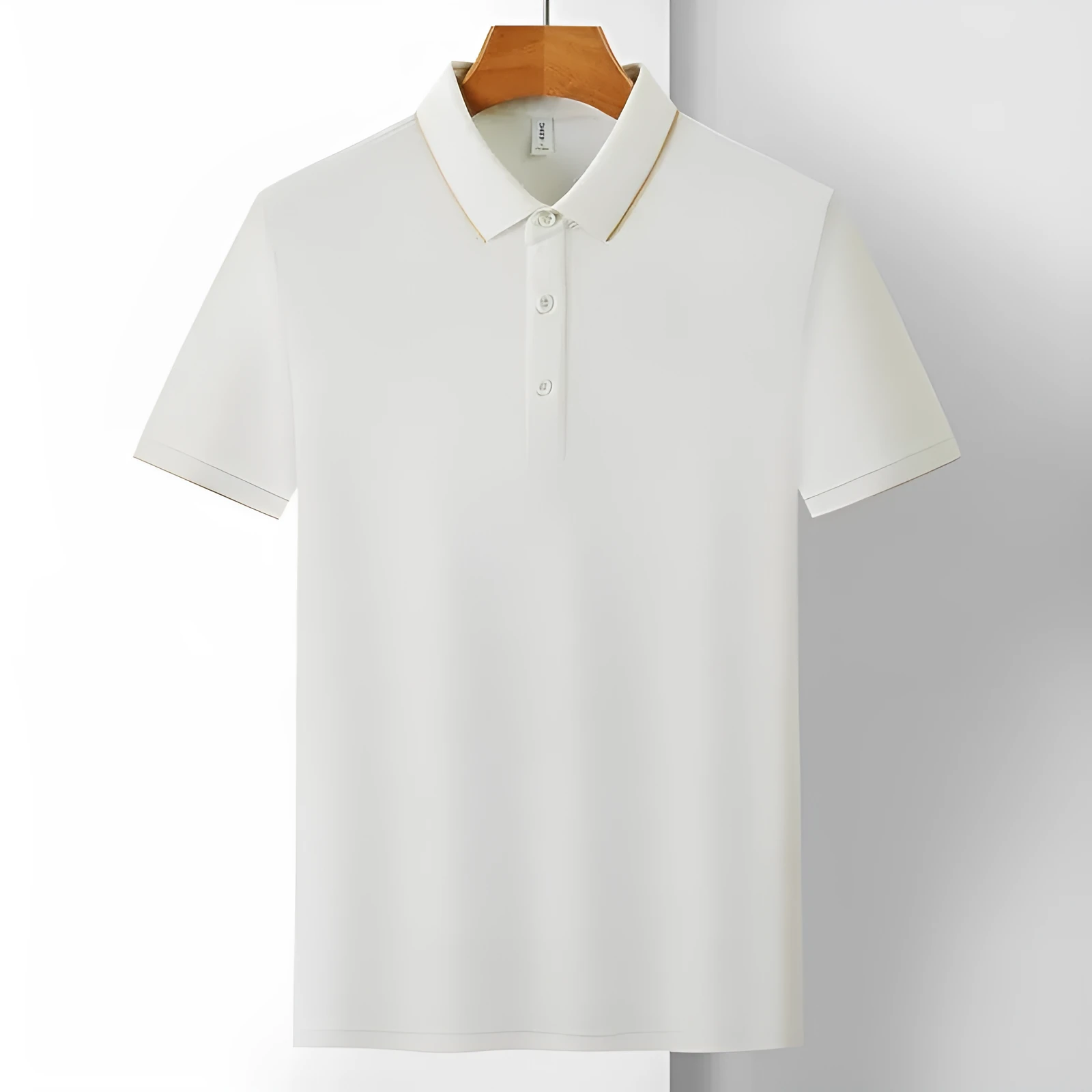 Men's solid colour loose-fit cotton pullover work shirt with short sleeves on a hanger.