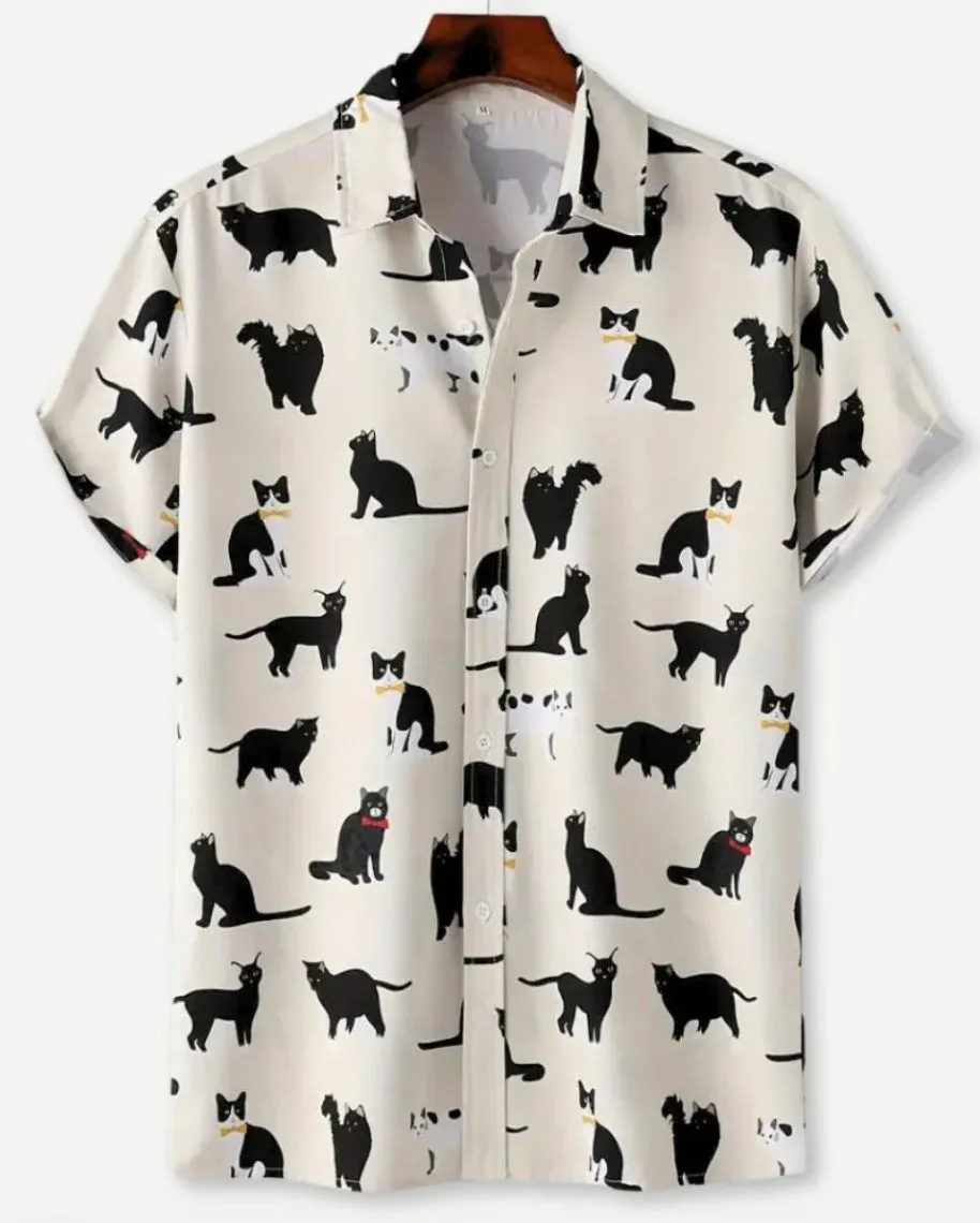 Man's short sleeve Hawaiian print shirt with lapel collar and floral pattern, shown in a casual setting.