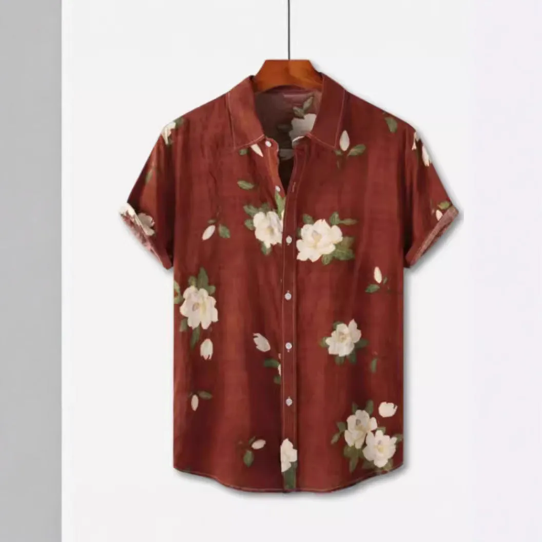 Man's short sleeve Hawaiian print shirt with lapel collar and floral pattern, shown in a casual setting.