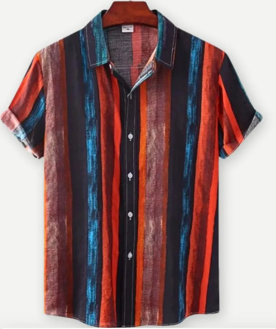 Man's short sleeve Hawaiian print shirt with lapel collar and floral pattern, shown in a casual setting.