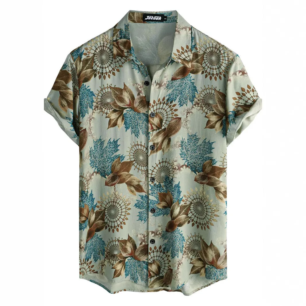 Man's short sleeve Hawaiian print shirt with lapel collar and floral pattern, shown in a casual setting.