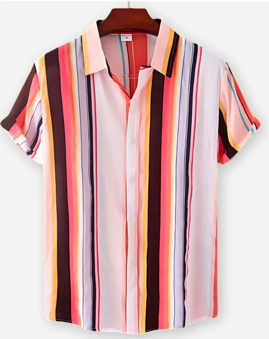 Man's short sleeve Hawaiian print shirt with lapel collar and floral pattern, shown in a casual setting.
