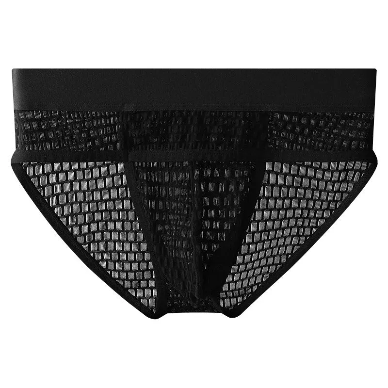 Men's solid colour lace briefs with a mid-rise waist and U-pouch design.