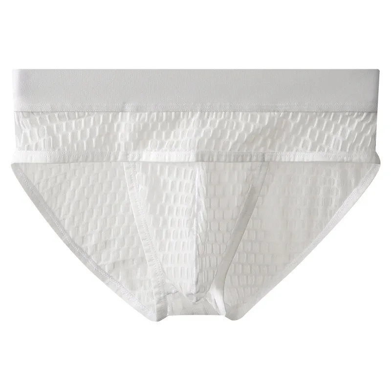 Men's solid colour lace briefs with a mid-rise waist and U-pouch design.