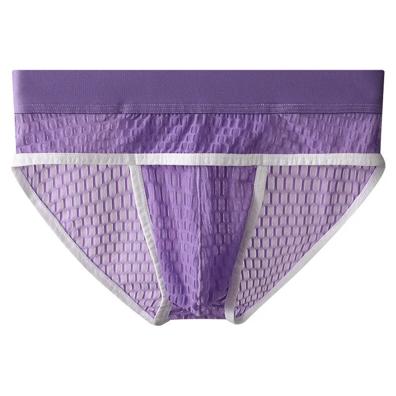 Men's solid colour lace briefs with a mid-rise waist and U-pouch design.