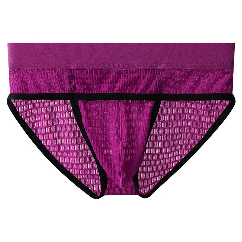 Men's solid colour lace briefs with a mid-rise waist and U-pouch design.
