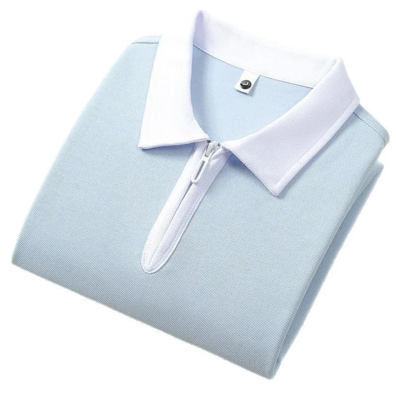 Men's loose fit zipper polo shirt in nylon fabric with short sleeves and lapel collar.