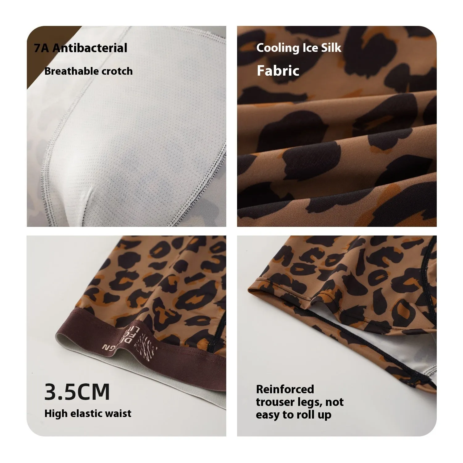 Men's leopard print ice silk underwear in polyester fabric with mid waist design