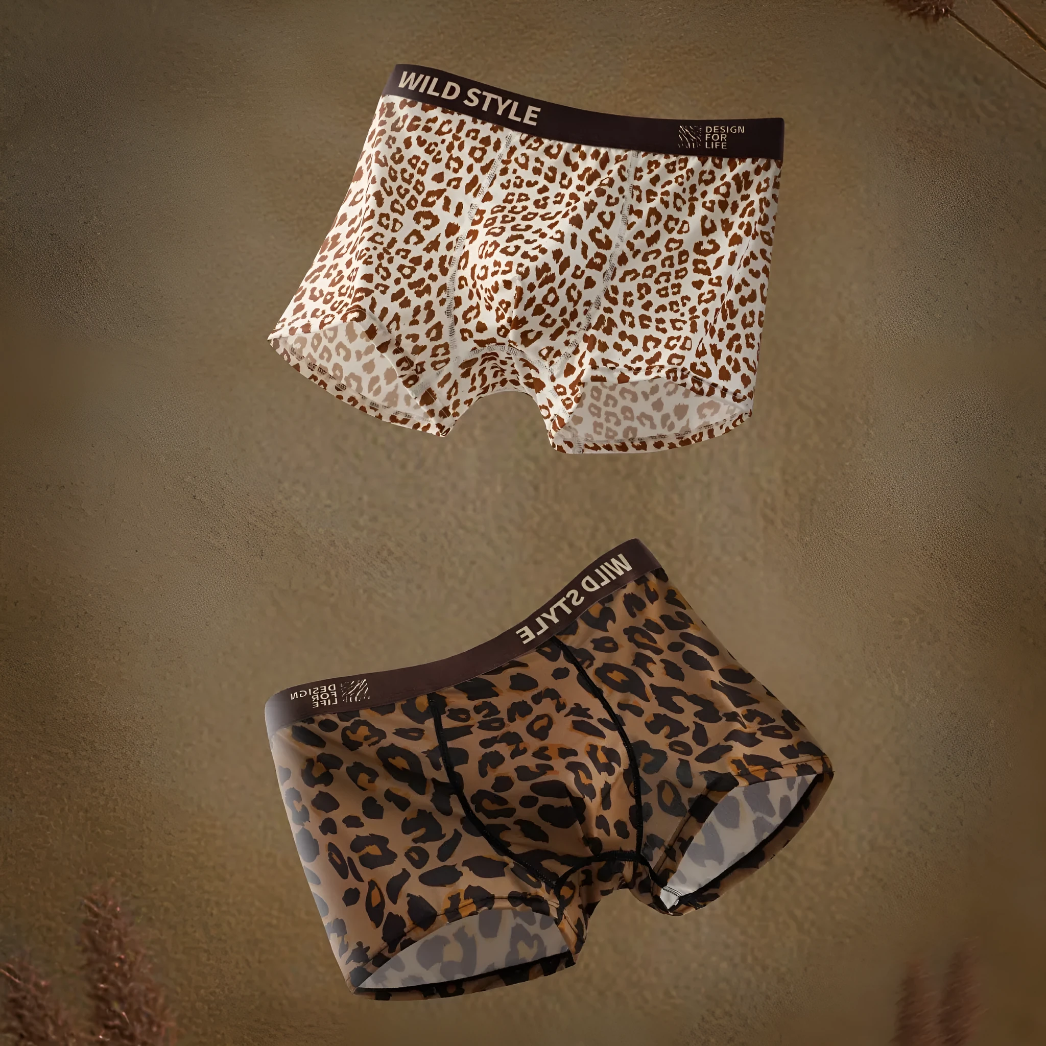 Men's leopard print ice silk underwear in polyester fabric with mid waist design