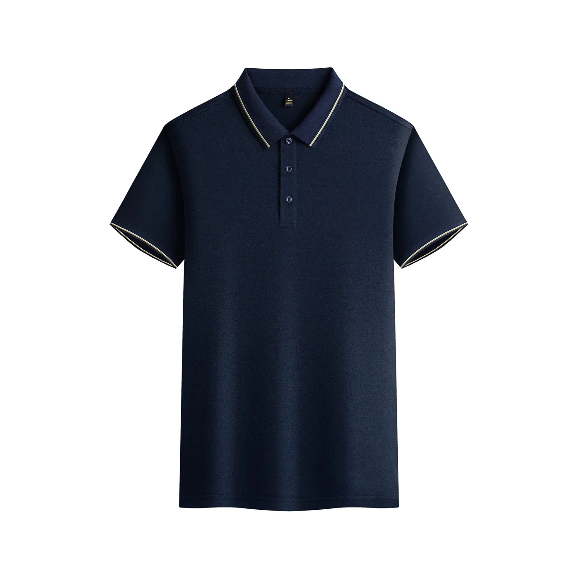 Men's navy blue short-sleeved polo shirt made from quick-dry polyester fabric for summer.