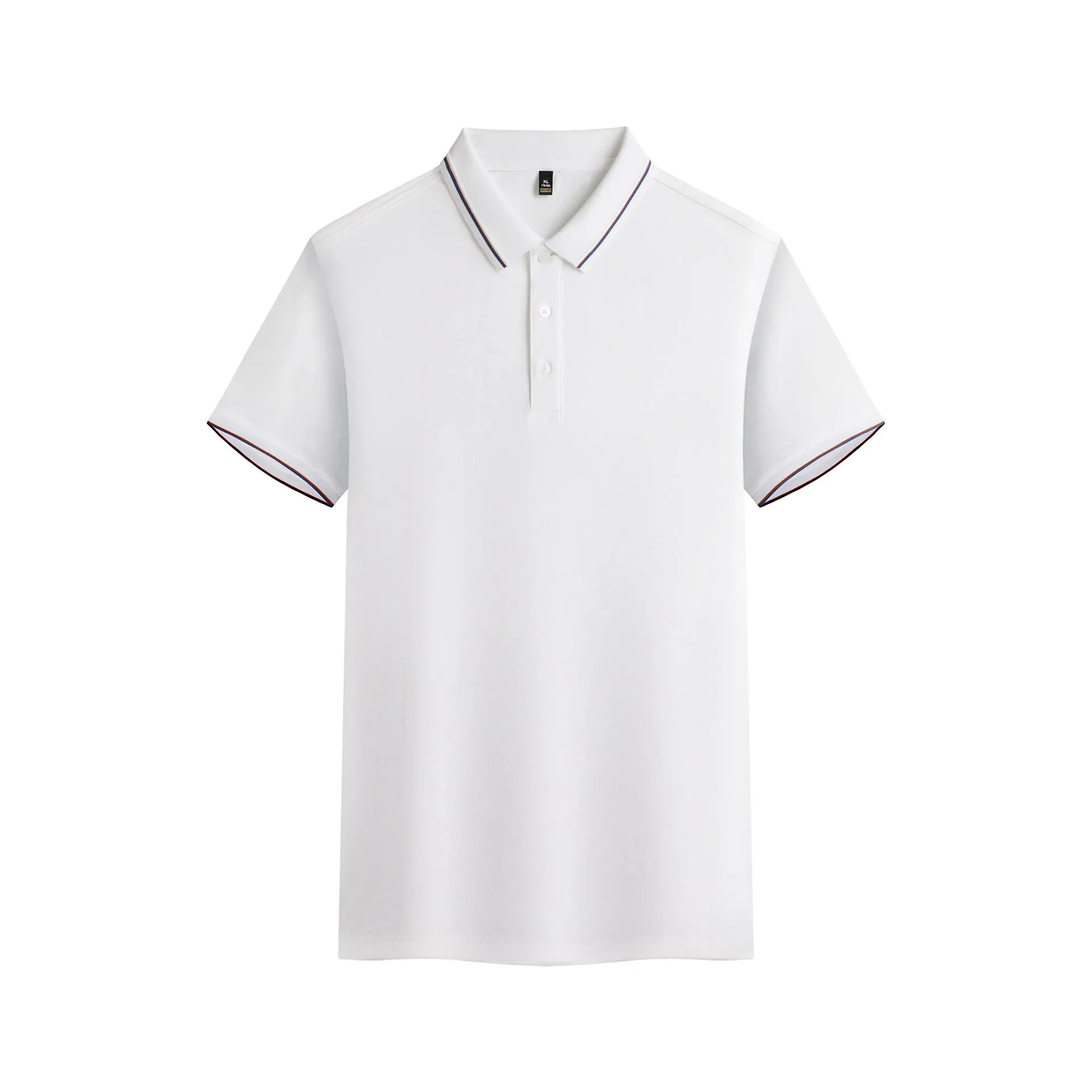 Men's navy blue short-sleeved polo shirt made from quick-dry polyester fabric for summer.