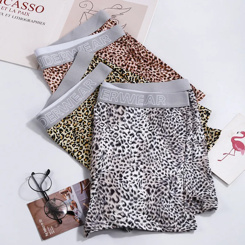 Men's loose fit leopard print underwear in milk silk polyester fabric showing mid-waist design