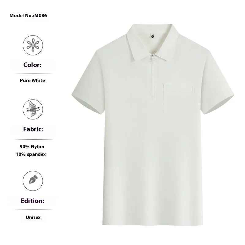 Short sleeve grey nylon advertising shirt with zipper pockets on the lapels