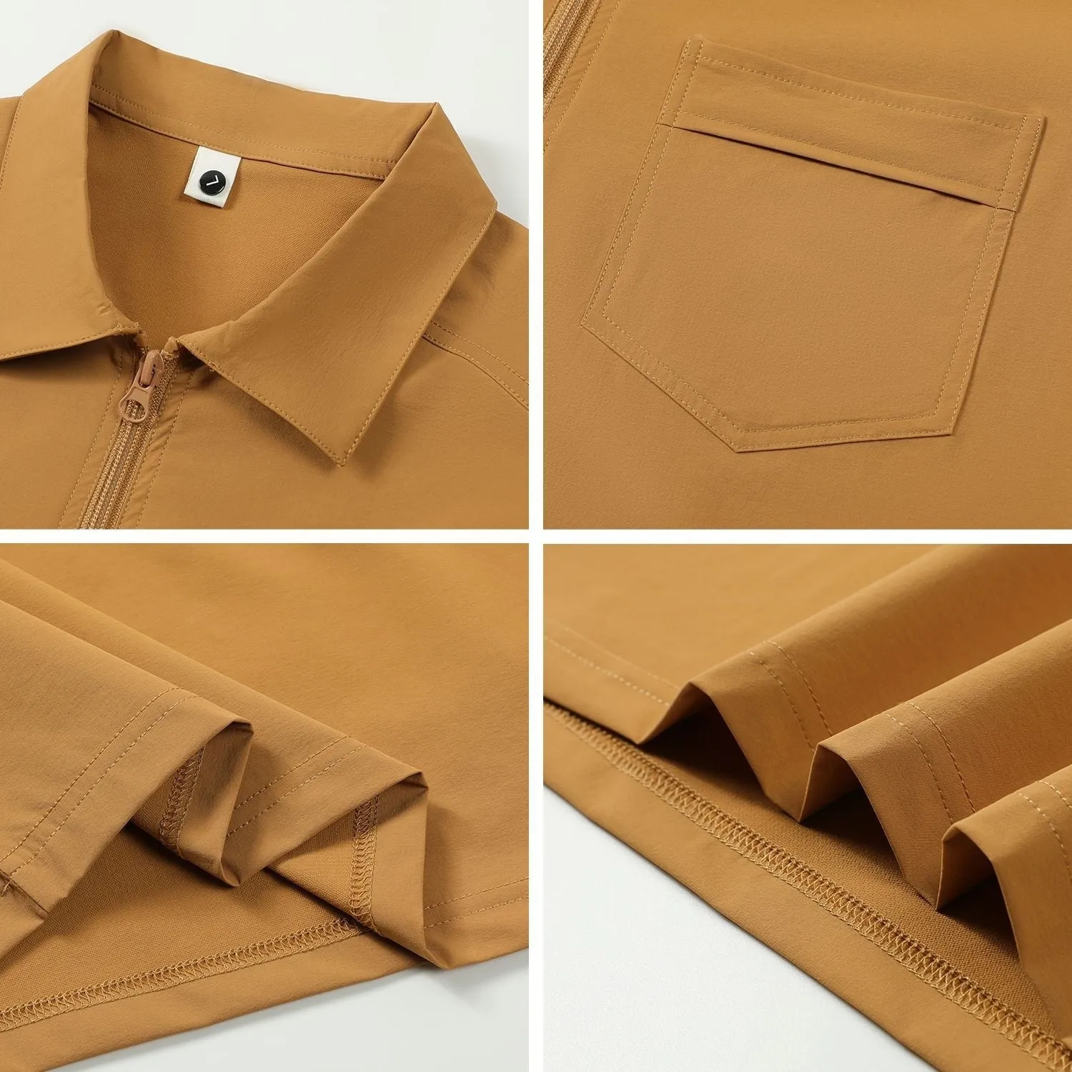 Short sleeve grey nylon advertising shirt with zipper pockets on the lapels
